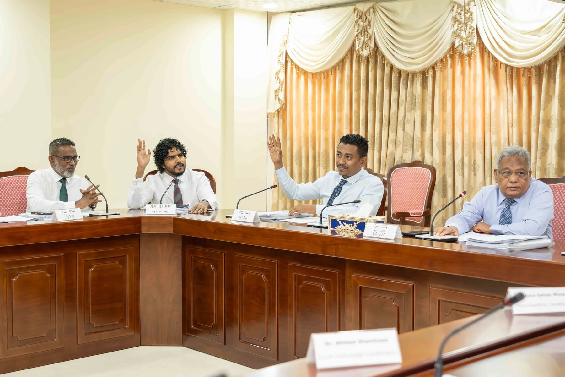 Four members of the Finance Committee seated at a wooden committee table, two of them raising their hands.