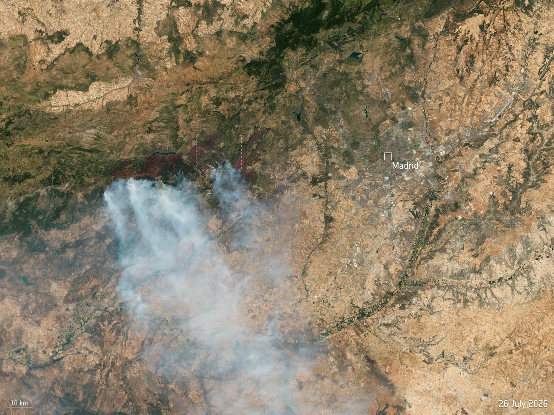 Satellite view of wildfires burning near Madrid